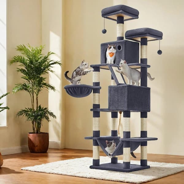 Rootz Cat Tree - Scratching Post - Climbing Tower - 206cm High Fun - 60x50x206cm - Sisal Trunks - Två kudda grottor - Plush & Wood Chipboard