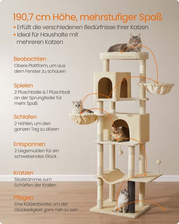 Rootz Cat Tree Tower - Scratching Post - Kitty Condos - Sisal Rope - 190,7 cm hög - 59 cm x 48 cm x 190,7 cm - Hållbar och stilfull design