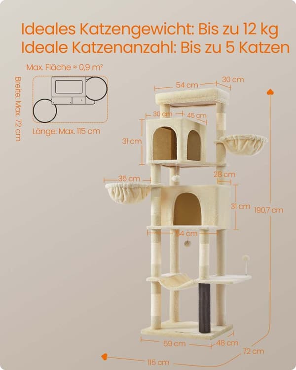 Rootz Cat Tree Tower - Scratching Post - Kitty Condos - Sisal Rope - 190,7 cm hög - 59 cm x 48 cm x 190,7 cm - Hållbar och stilfull design