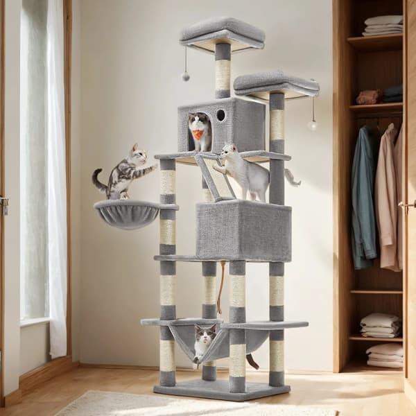 Rootz Cat Tree - Scratching Post - Climbing Tree - Space -Saving Amusement Park - 60 x 50 x 206 cm - Grå - Plush & Sisal