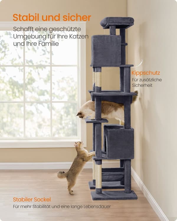 Rootz Large Scratching Tree - Cat Tower - Pet Playhouse - 201 cm høj platform med stabilitet - 78 cm x 48 cm x 201 cm - Grå