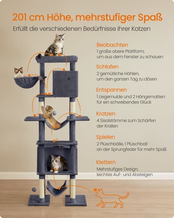Rootz Large Scratching Tree - Cat Tower - Pet Playhouse - 201 cm høj platform med stabilitet - 78 cm x 48 cm x 201 cm - Grå