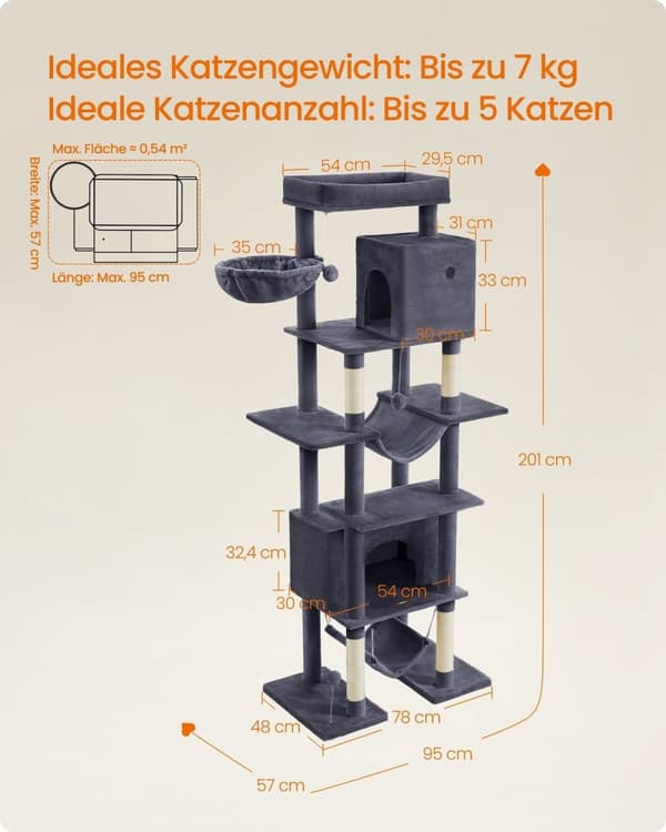 Rootz Large Scratching Tree - Cat Tower - Pet Playhouse - 201 cm høj platform med stabilitet - 78 cm x 48 cm x 201 cm - Grå