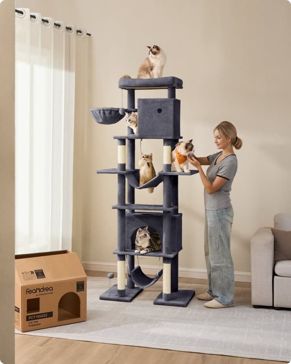 Rootz Large Scratching Tree - Cat Tower - Pet Playhouse - 201 cm høj platform med stabilitet - 78 cm x 48 cm x 201 cm - Grå