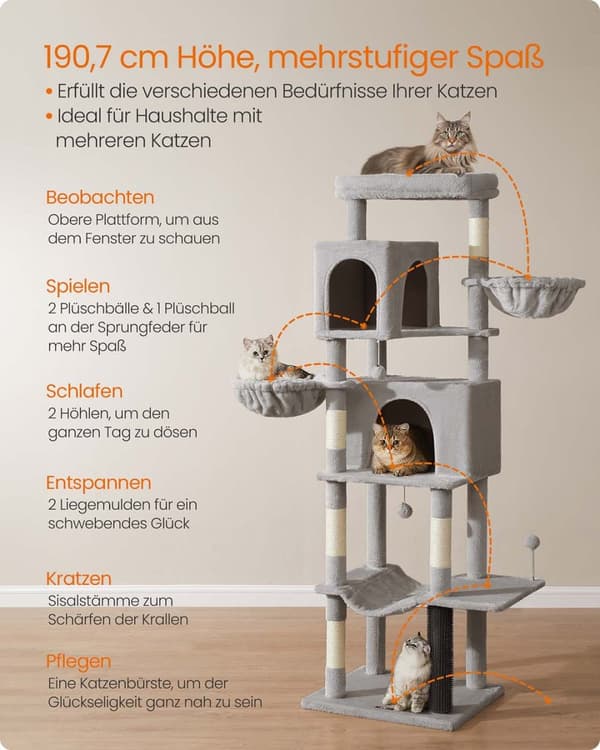 Rootz Scratching Tree - Cat Climbing Tower - Feline Activity Center - 190,7 cm høj - 2 huler - 59 cm x 48 cm x 190,7 cm - Grå