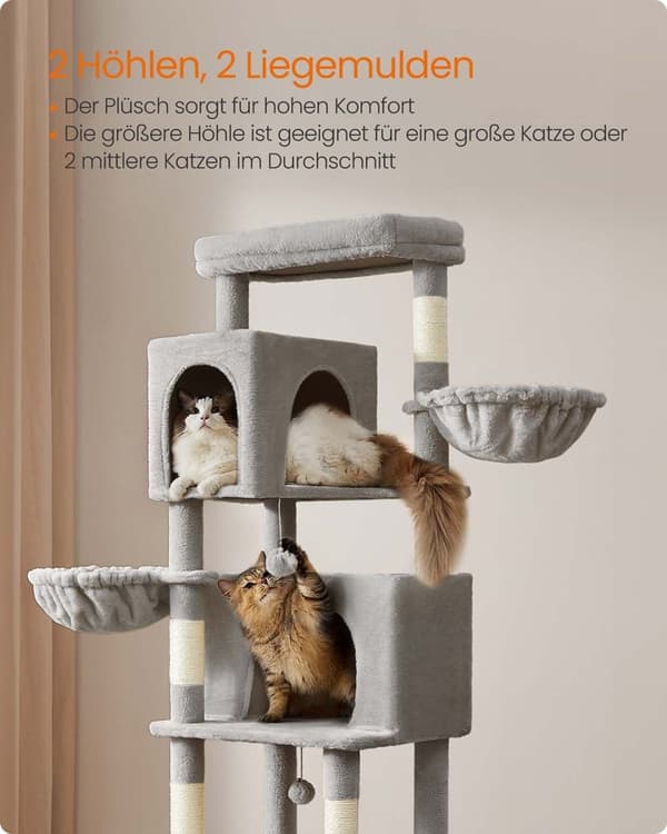 Rootz Scratching Tree - Cat Climbing Tower - Feline Activity Center - 190,7 cm høj - 2 huler - 59 cm x 48 cm x 190,7 cm - Grå