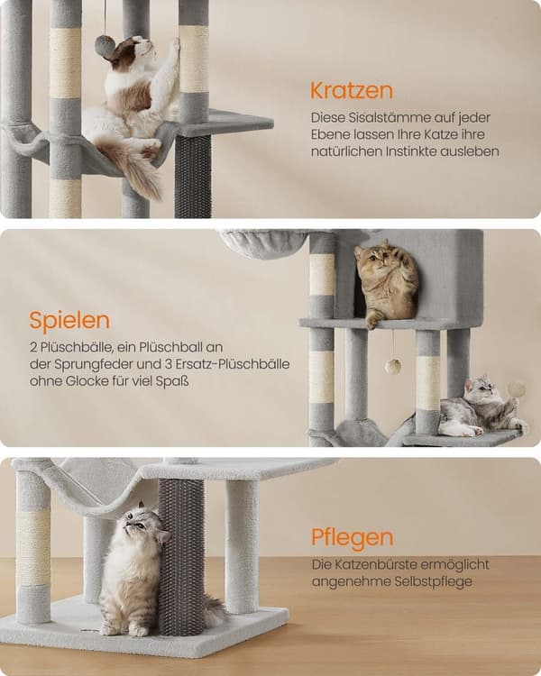 Rootz Scratching Tree - Cat Climbing Tower - Feline Activity Center - 190,7 cm høj - 2 huler - 59 cm x 48 cm x 190,7 cm - Grå