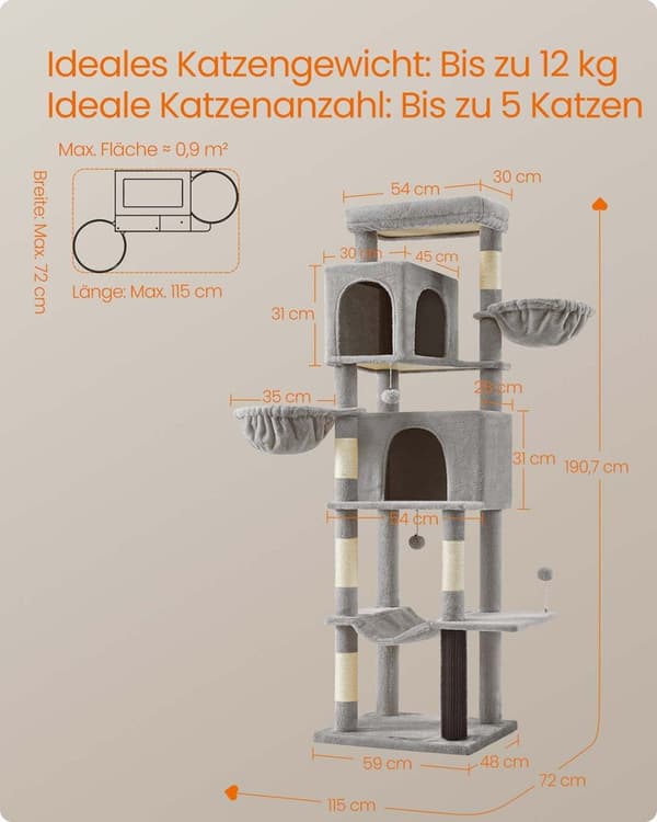 Rootz Scratching Tree - Cat Climbing Tower - Feline Activity Center - 190,7 cm høj - 2 huler - 59 cm x 48 cm x 190,7 cm - Grå