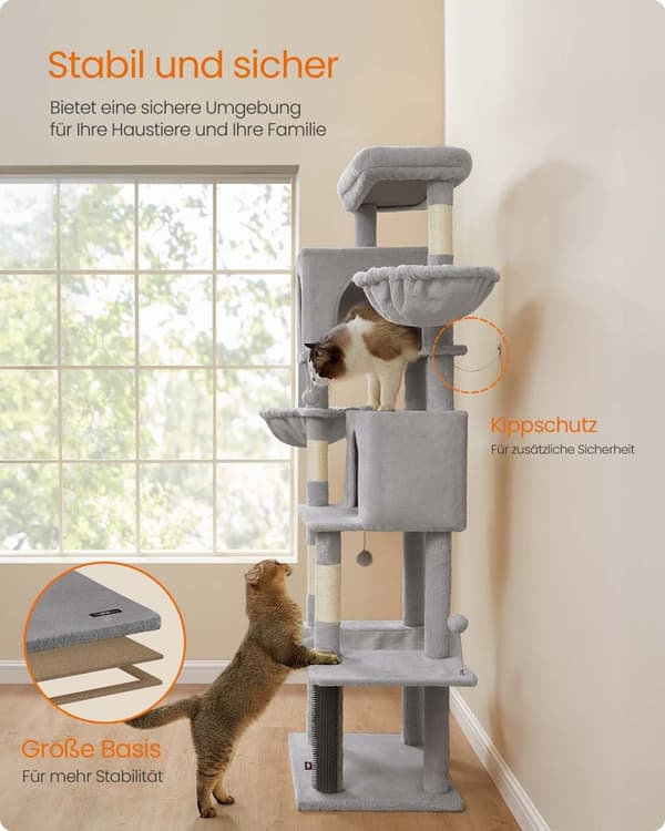 Rootz Scratching Tree - Cat Climbing Tower - Feline Activity Center - 190,7 cm høj - 2 huler - 59 cm x 48 cm x 190,7 cm - Grå