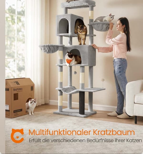 Rootz Scratching Tree - Cat Climbing Tower - Feline Activity Center - 190,7 cm høj - 2 huler - 59 cm x 48 cm x 190,7 cm - Grå