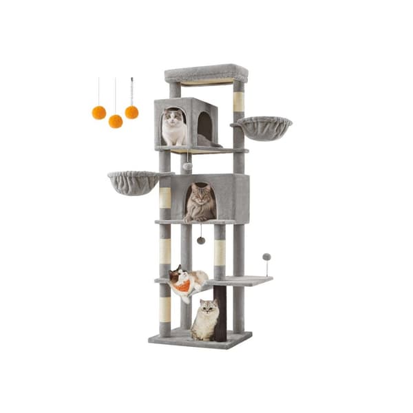 Rootz Scratching Tree - Cat Climbing Tower - Feline Activity Center - 190,7 cm høj - 2 huler - 59 cm x 48 cm x 190,7 cm - Grå