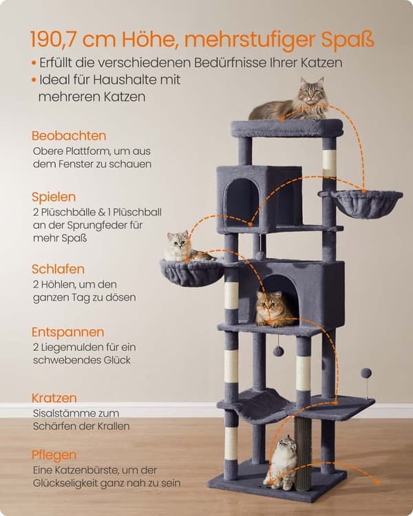 Rootz Scratching Tree - Cat Tower - Pet Play Structure - 2 Caves & Lying Munstycken - 190,7 cm Hög - Grå - 59 cm x 48 cm x 190,7 cm