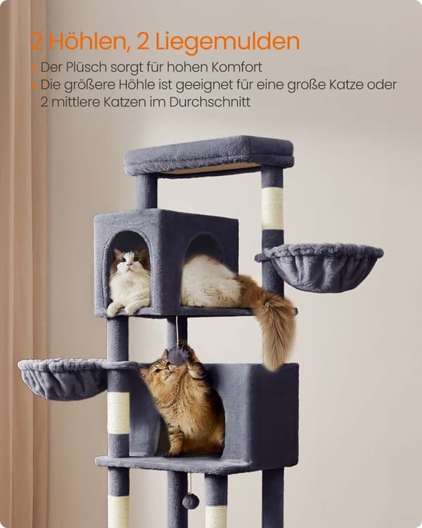 Rootz Scratching Tree - Cat Tower - Pet Play Structure - 2 Caves & Lying Munstycken - 190,7 cm Hög - Grå - 59 cm x 48 cm x 190,7 cm