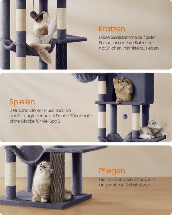 Rootz Scratching Tree - Cat Tower - Pet Play Structure - 2 Caves & Lying Munstycken - 190,7 cm Hög - Grå - 59 cm x 48 cm x 190,7 cm
