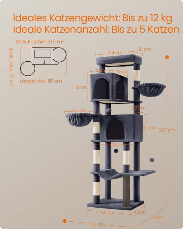 Rootz Scratching Tree - Cat Tower - Pet Play Structure - 2 huler & liggende dyser - 190,7 cm høj - grå - 59 cm x 48 cm x 190,7 cm