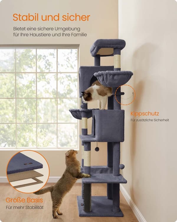 Rootz Scratching Tree - Cat Tower - Pet Play Structure - 2 Caves & Lying Munstycken - 190,7 cm Hög - Grå - 59 cm x 48 cm x 190,7 cm