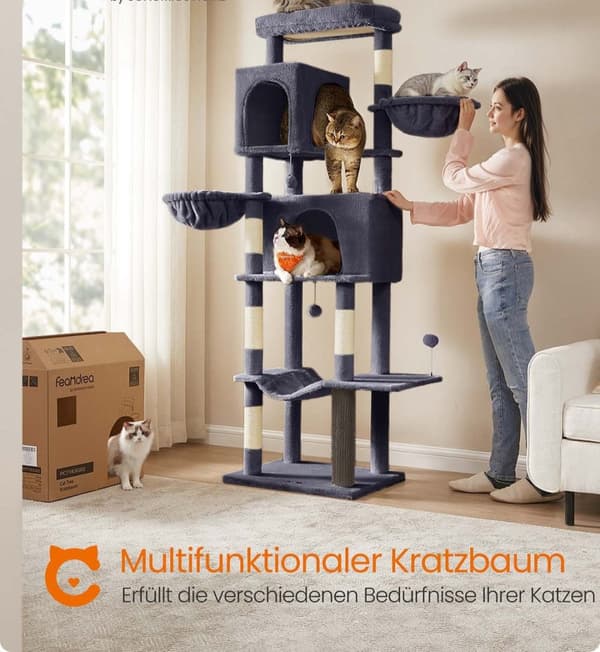 Rootz Scratching Tree - Cat Tower - Pet Play Structure - 2 Caves & Lying Munstycken - 190,7 cm Hög - Grå - 59 cm x 48 cm x 190,7 cm