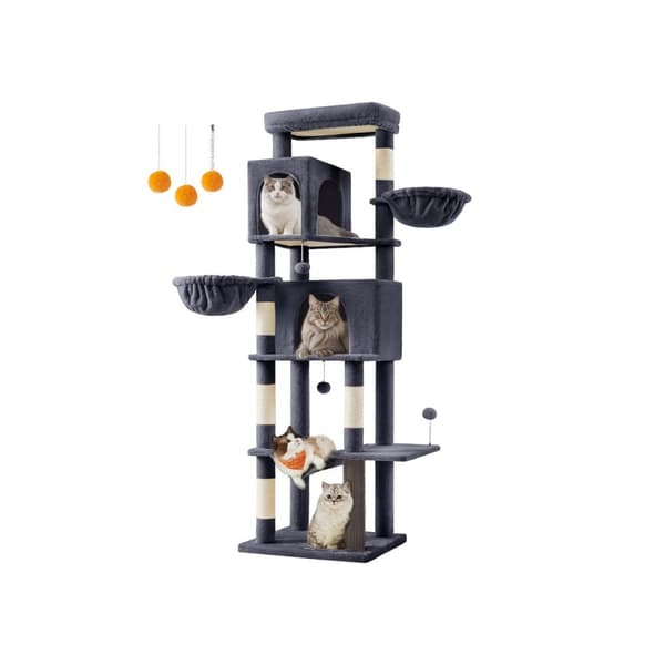 Rootz Scratching Tree - Cat Tower - Pet Play Structure - 2 Caves & Lying Munstycken - 190,7 cm Hög - Grå - 59 cm x 48 cm x 190,7 cm