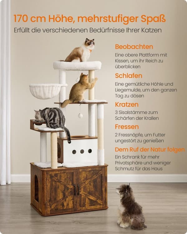 Rootzin naarmuuntuva puu pentuekaapista - Cat Tower - Pet -leikkikenttä - tilaa säästävä muotoilu - 80 cm x 49 cm x 170 cm, valkoinen ja ruskea