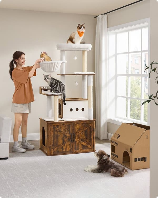 Rootzin naarmuuntuva puu pentuekaapista - Cat Tower - Pet -leikkikenttä - tilaa säästävä muotoilu - 80 cm x 49 cm x 170 cm, valkoinen ja ruskea