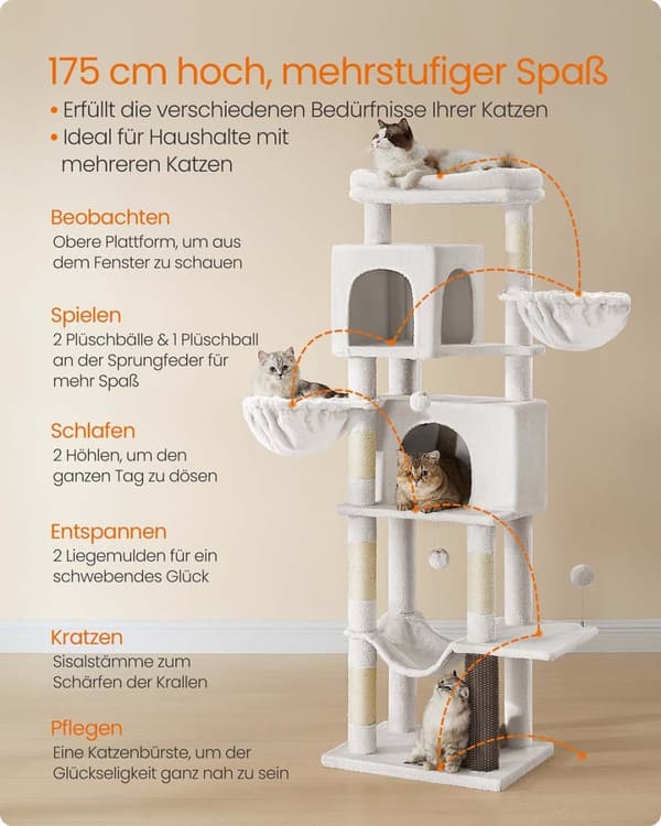 Rootz Scratch Tree - Cat Tower - Cat Climbing Post - 2 Caves & Nozles - 175cm Tall, White, Wood Chipboard, Sisal - 57x45x175cm