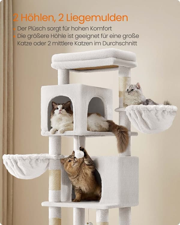 Rootz Scratch Tree - Cat Tower - Cat Climbing Post - 2 Caves & Nozles - 175cm Tall, White, Wood Chipboard, Sisal - 57x45x175cm