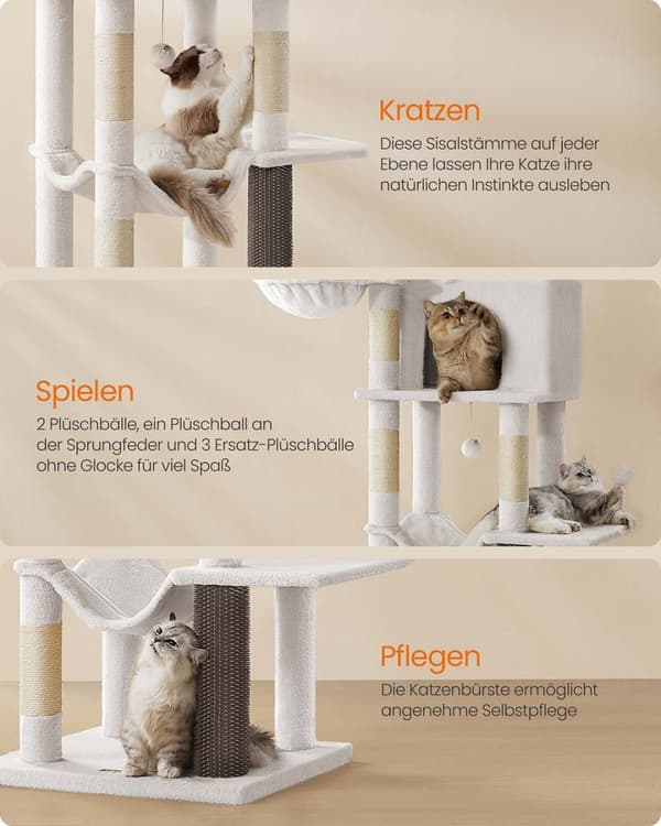 Rootz Scratch Tree - Cat Tower - Cat Climbing Post - 2 Caves & Nozles - 175cm Tall, White, Wood Chipboard, Sisal - 57x45x175cm