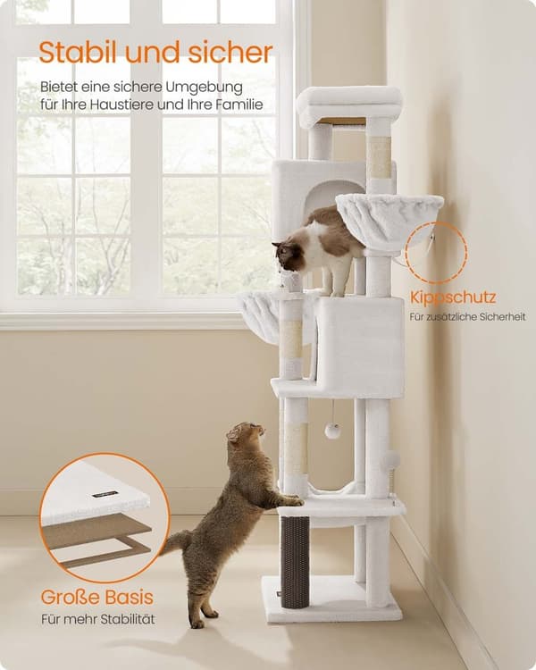 Rootz Scratch Tree - Cat Tower - Cat Climbing Post - 2 Caves & Nozles - 175cm Tall, White, Wood Chipboard, Sisal - 57x45x175cm