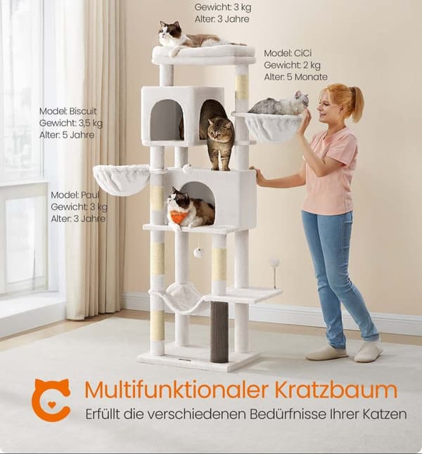 Rootz Scratch Tree - Cat Tower - Cat Climbing Post - 2 Caves & Nozles - 175cm Tall, White, Wood Chipboard, Sisal - 57x45x175cm