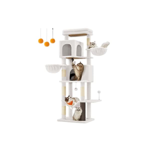 Rootz Scratch Tree - Cat Tower - Cat Climbing Post - 2 Caves & Nozles - 175cm Tall, White, Wood Chipboard, Sisal - 57x45x175cm