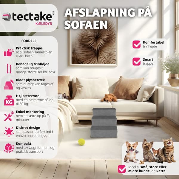 Kæledyrstrappe Paw Path med plysbetræk 37 x 45 x 34,5 cm - grå
