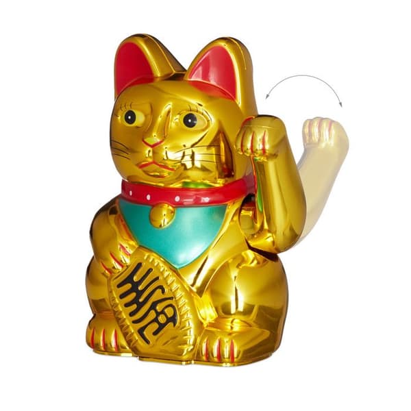 Relaxdays Maneki-Neko kinesisk lyckokatt 16 cm Asien Kina Japan Thailand, guld.