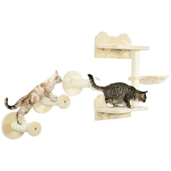 Väggkatt hyllset, tre lager, träspånskiva, klösträd,Beige