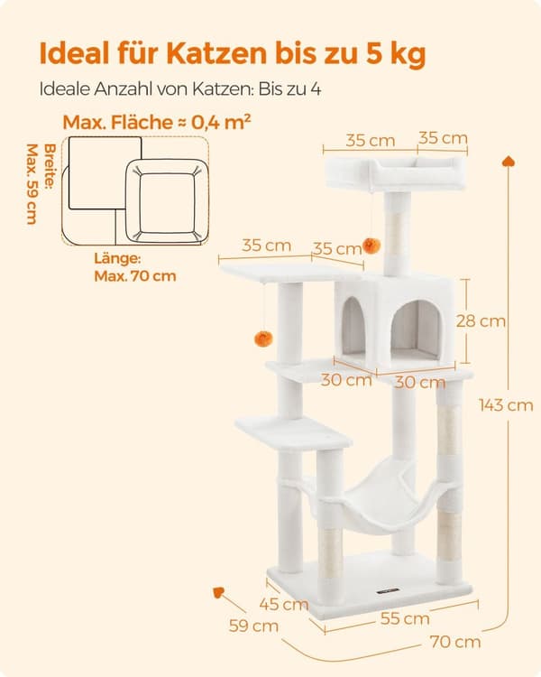 Klösträd för katt, 143 cm, katttorn, flera nivåer