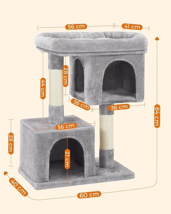 Klösträ, kompakt klösträ för katt med 2 hus, ljusgrå