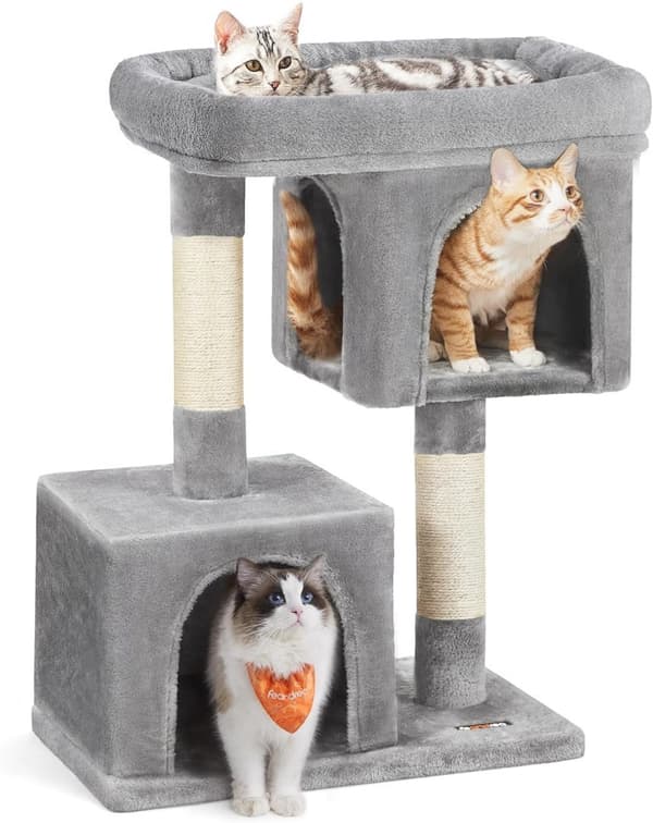Klösträ, kompakt klösträ för katt med 2 hus, ljusgrå