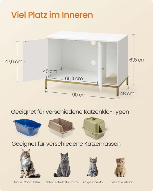 Kattlåda Skåp, Feandrea PCL007W01, 80x50x55 cm, Vit-Guld