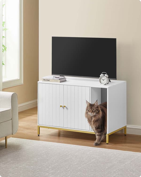 Kattlåda Skåp, Feandrea PCL007W01, 80x50x55 cm, Vit-Guld