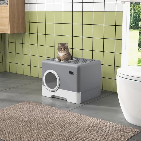 Katttoalett med lock och spade, 52x41x38.5 cm, Grå