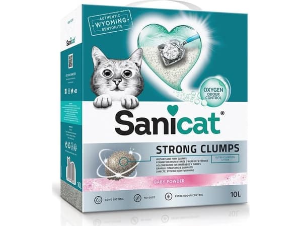 Sanicat Strong Clumps kattsand, kattsand, för katter, bentonit, babypulver, 10l, klumpbildande