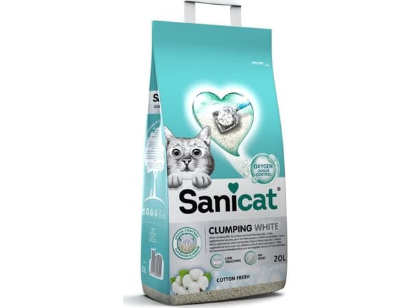 Sanicat Clumping White kissanpentu, kissanpentu, kissoille, bentoniitti, puuvilla raikas, 20L, klumpattava