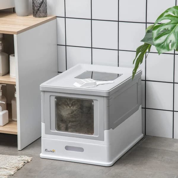 Rootz Cat kattlåda - Skopa ingår - Strölåda med främre ingångsutgång - Bärbar - Djurtoalett med stort utrymme - Lätt att montera - Grå - 47,5 x 35,5 x