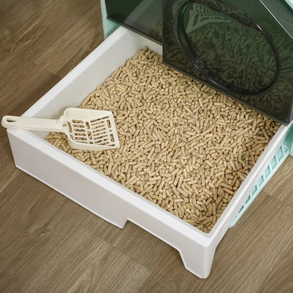 Rootz Cat kattebakke - Hyttedesign - 1 si - 1 affaldsscoop - Aftagelig bundbakke - Plastik - ABS - Grøn - Hvid - 47L x 45W x 42H cm