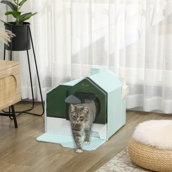 Rootz Cat kattebakke - Hyttedesign - 1 si - 1 affaldsscoop - Aftagelig bundbakke - Plastik - ABS - Grøn - Hvid - 47L x 45W x 42H cm