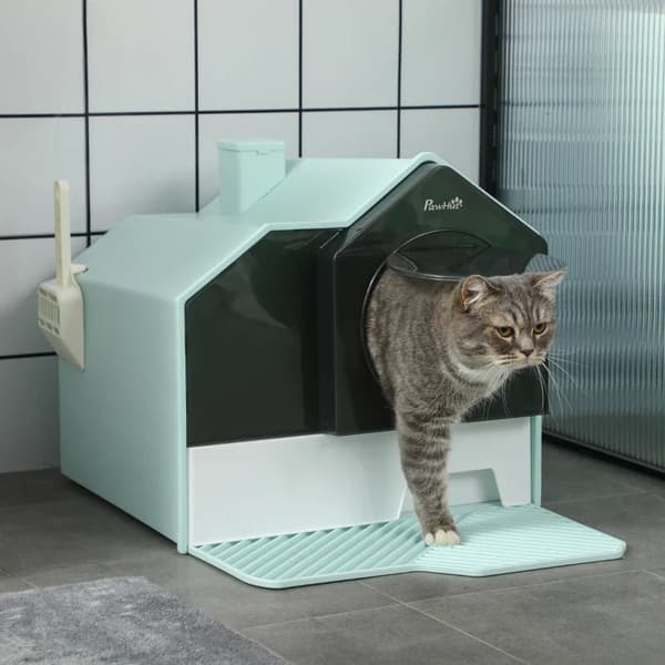 Rootz Cat kattebakke - Hyttedesign - 1 si - 1 affaldsscoop - Aftagelig bundbakke - Plastik - ABS - Grøn - Hvid - 47L x 45W x 42H cm