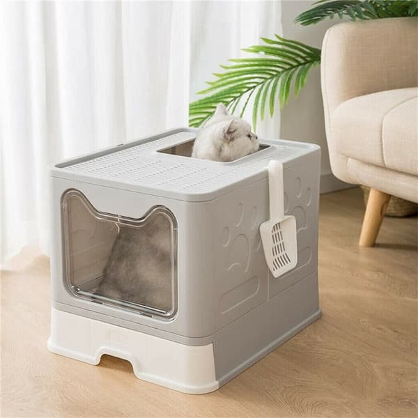 Kattlåda, designad med frontöppning, hopfällbar med huva och låda., GRÅ