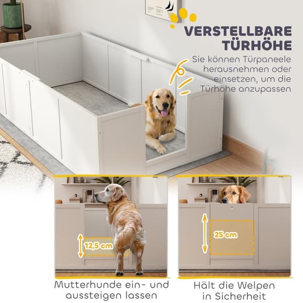 Rootz Dog Litter Box - Whelping Box - Puppy Run - Justerbare indgange - Pine & MDF - 196 x 96 x 48 cm - Hvid