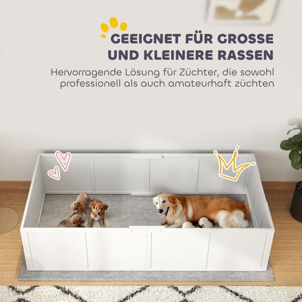 Rootz Dog Litter Box - Whelping Box - Puppy Run - Justerbare indgange - Pine & MDF - 196 x 96 x 48 cm - Hvid