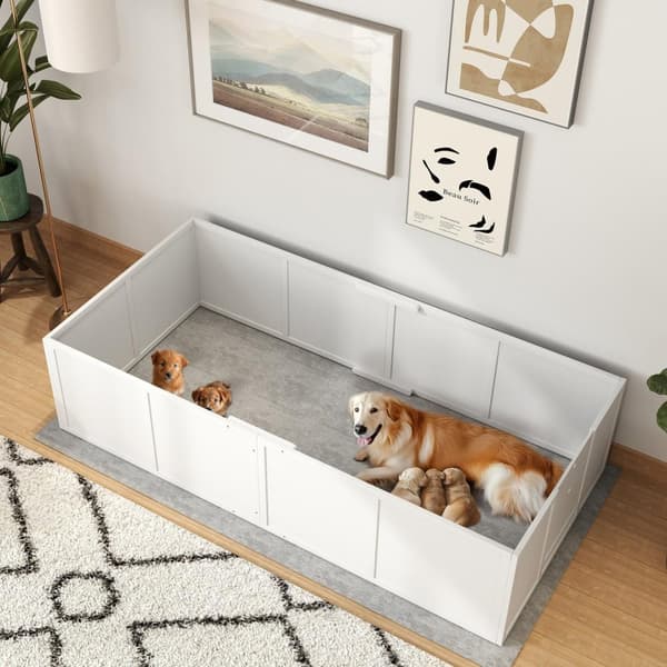 Rootz Dog Litter Box - Whelping Box - Puppy Run - Justerbare indgange - Pine & MDF - 196 x 96 x 48 cm - Hvid