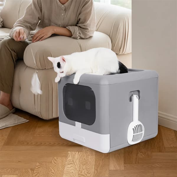 Kattlåda, design med topp- och framsida dörr, läckagesäker struktur,GRÅ